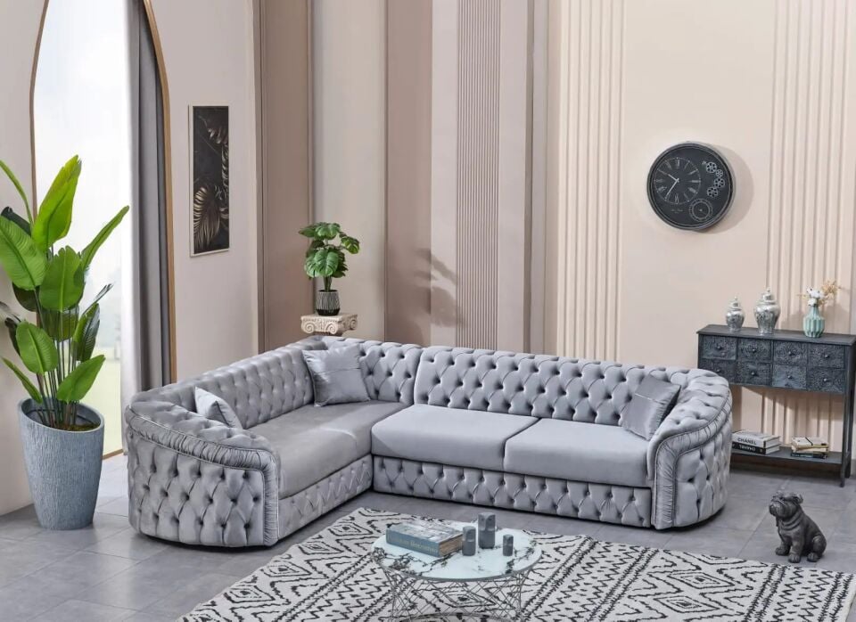 Yataklı Köşe Takımı Chesterfield Tarzı Arizona, Gümüş