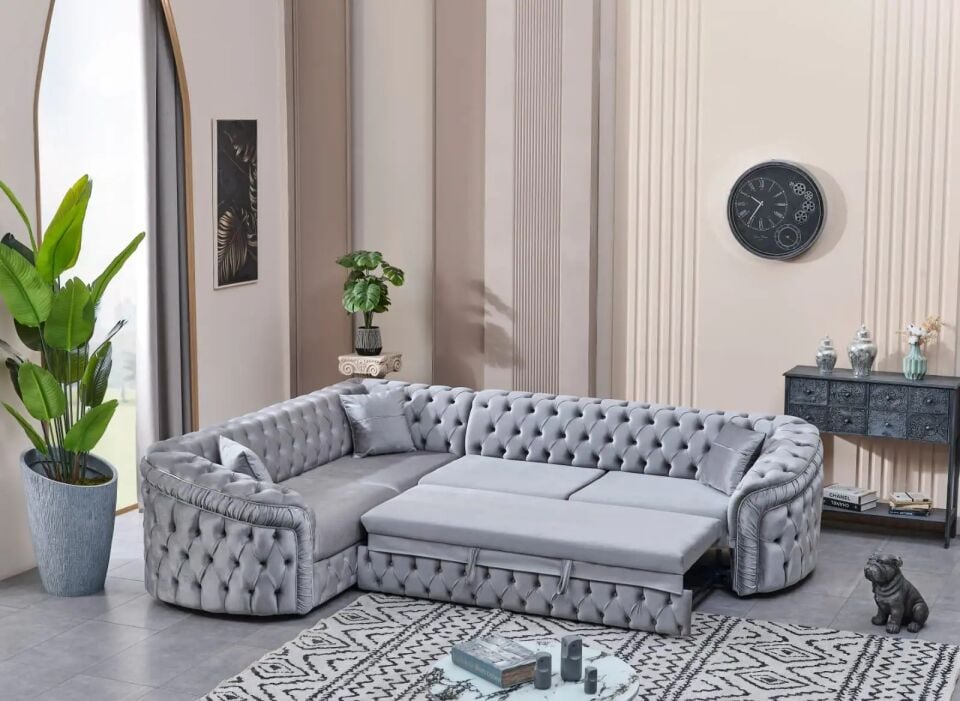 Yataklı Köşe Takımı Chesterfield Tarzı Arizona, Gümüş