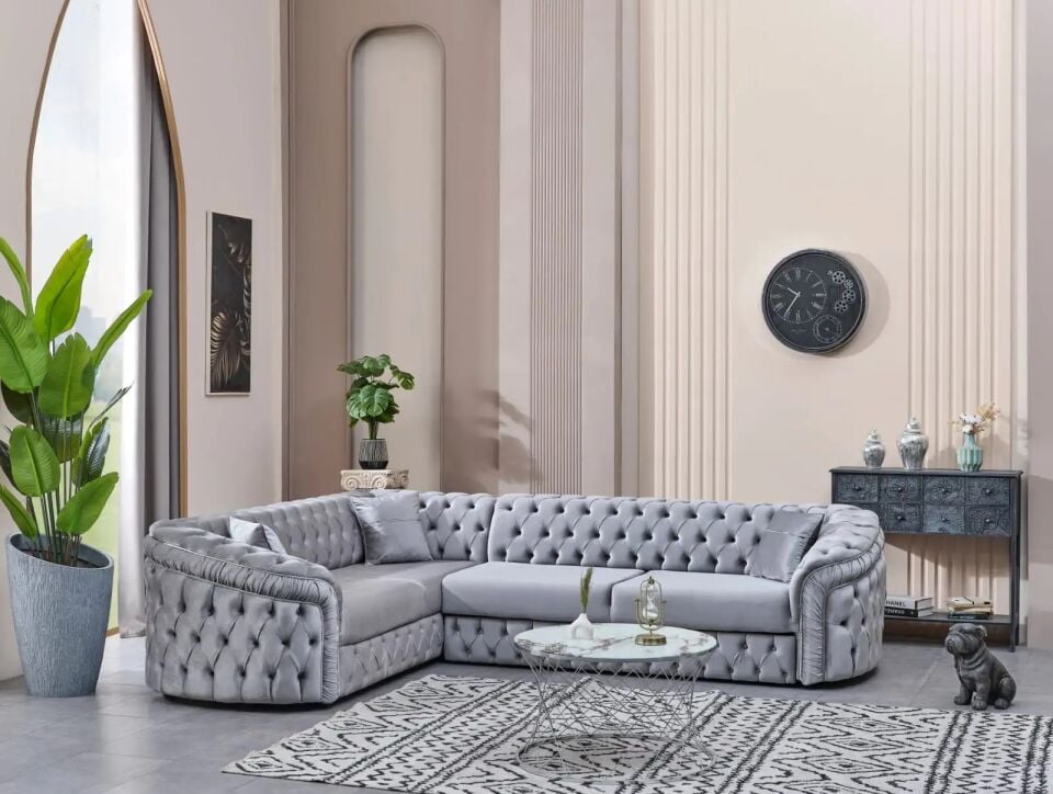 Yataklı Köşe Takımı Chesterfield Tarzı Arizona, Gümüş