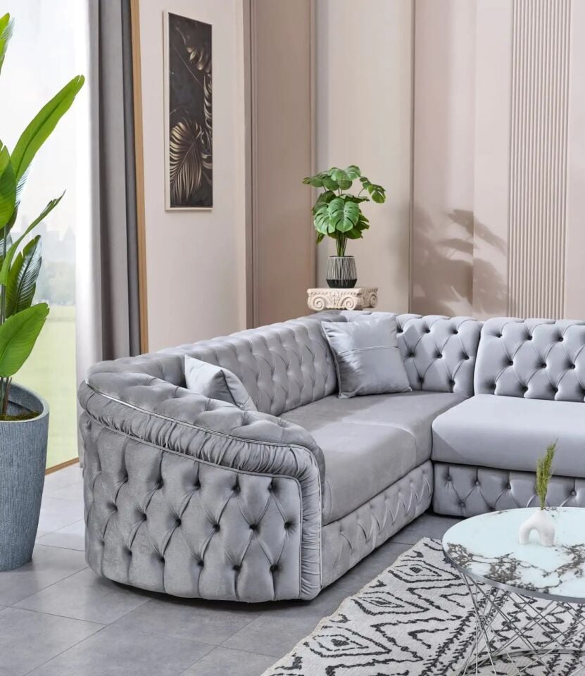 Yataklı Köşe Takımı Chesterfield Tarzı Arizona, Gümüş