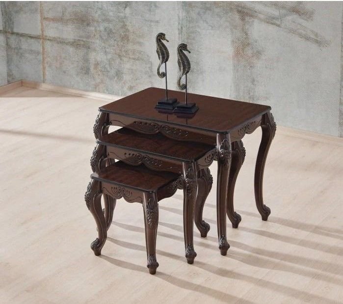 Klasik Kahverengi Esma Tarzında Lüks Sehpa Seti - 3 Parça