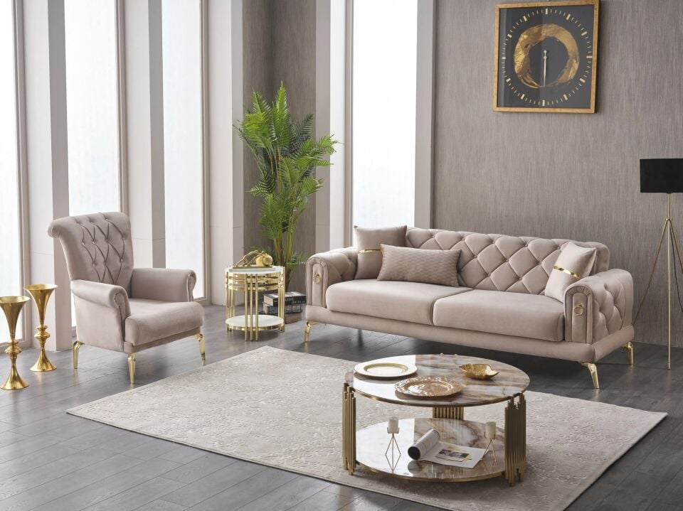Set yataklı kanepe ve berjer Elitra 3+1+1, krem