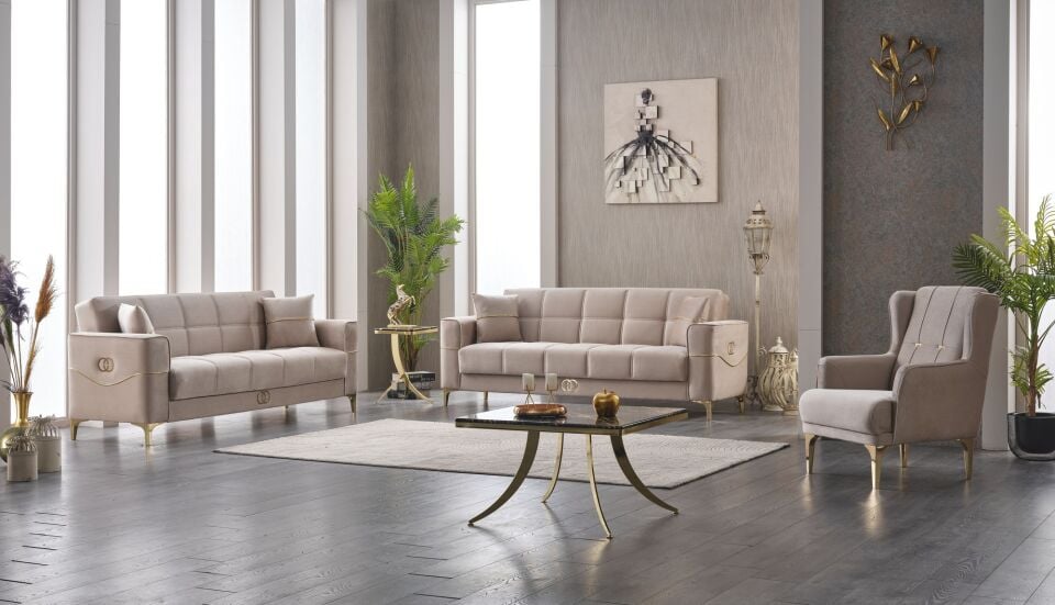 Set Yataklı Kanepe ve Berjerler Clara 3+1+1, Krem