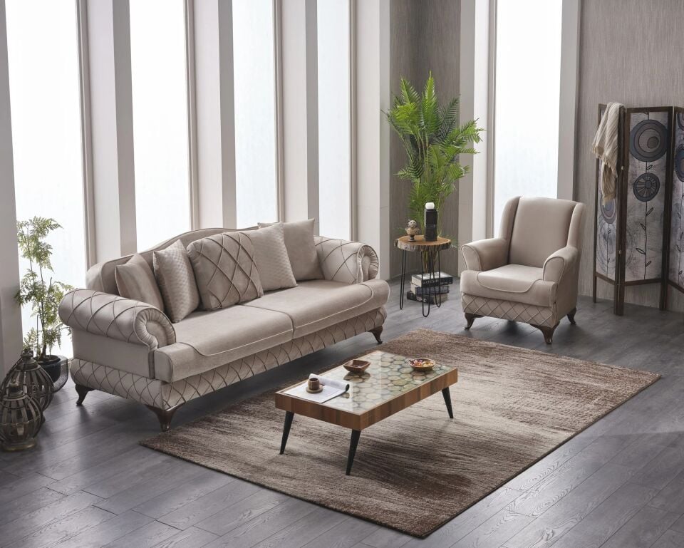 Set yataklı kanepe ve berjerler Bianca 3+1+1, bej