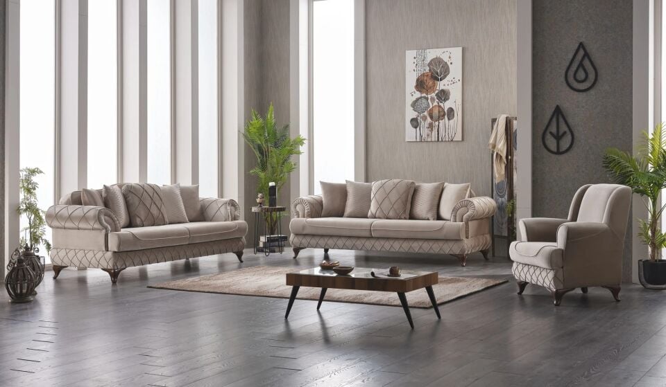Set yataklı kanepe ve berjerler Bianca 3+1+1, bej