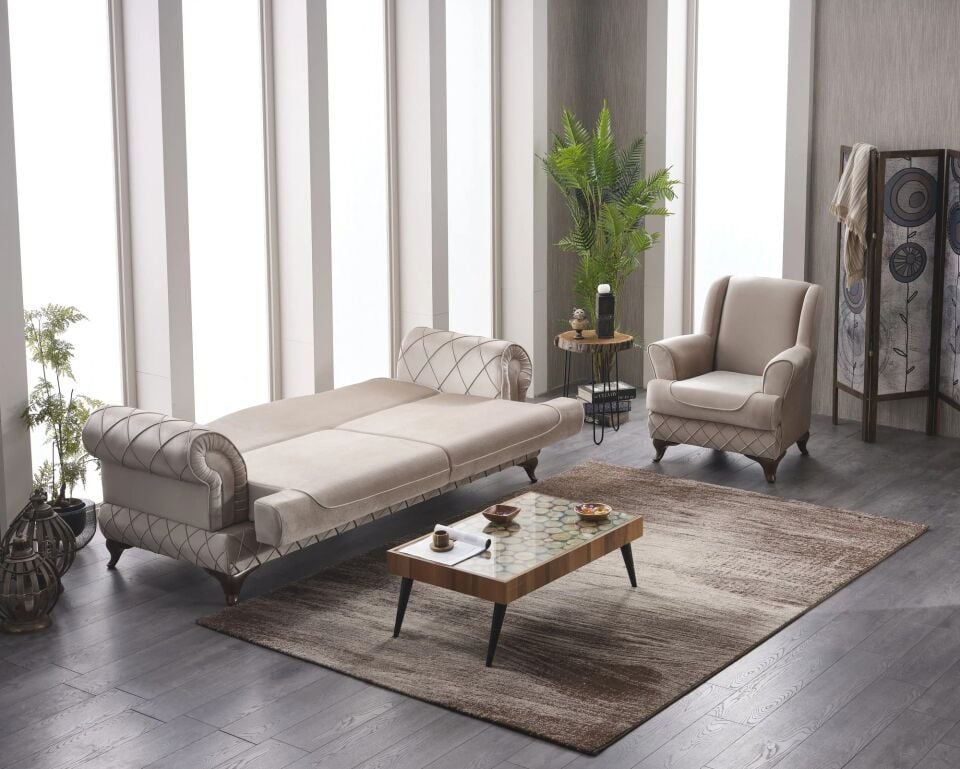 Set yataklı kanepe ve berjerler Bianca 3+1+1, bej