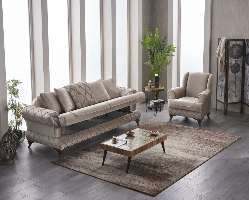Set yataklı kanepe ve berjerler Bianca 3+1+1, bej