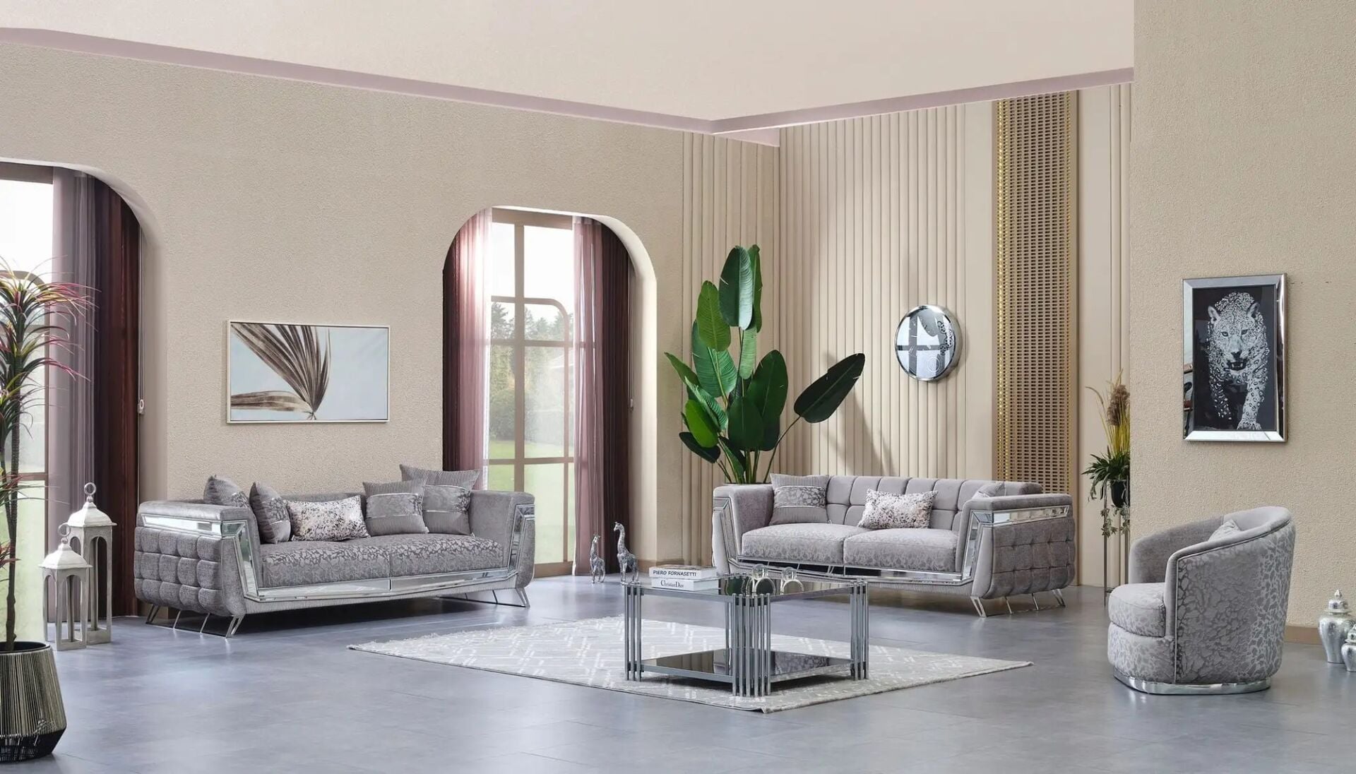 Set Yataklı Kanepe ve Sabit Berjerler Lüks Milano 3+1+1, Krom