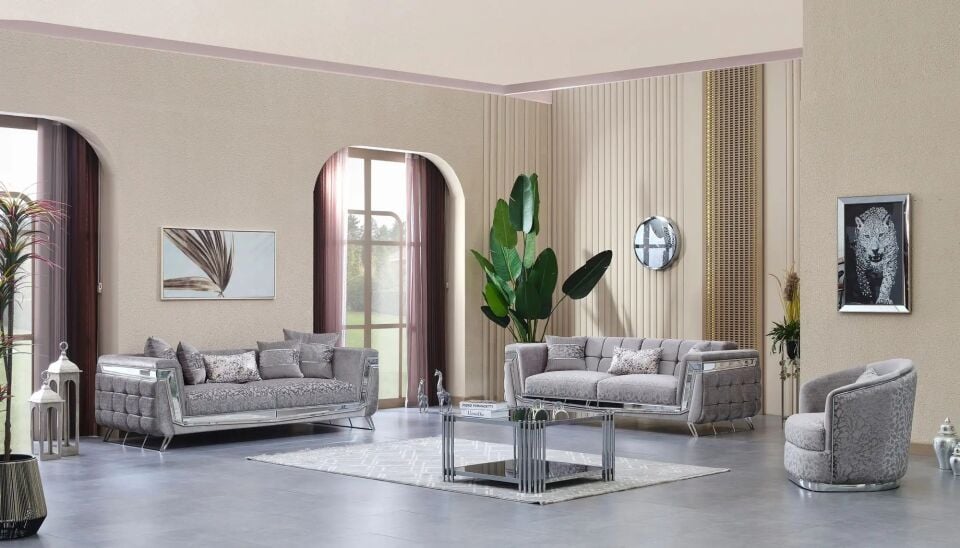 Set Yataklı Kanepe ve Sabit Berjerler Lüks Milano 3+1+1, Krom