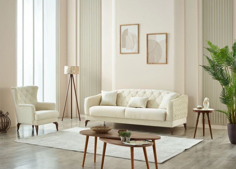 Set yataklı kanepe ve berjer Candy 3+1+1, krem
