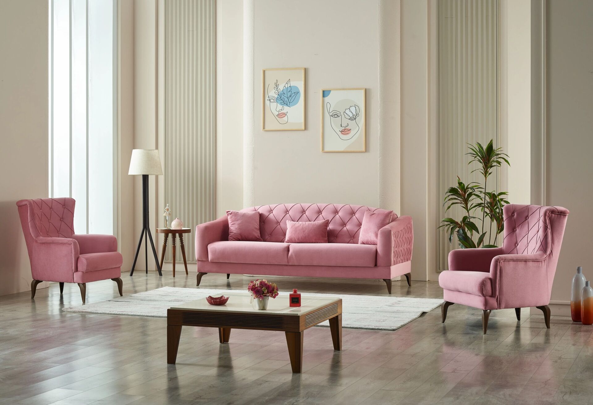 Set yataklı kanepe ve berjerler Candy 3+1+1, pembe