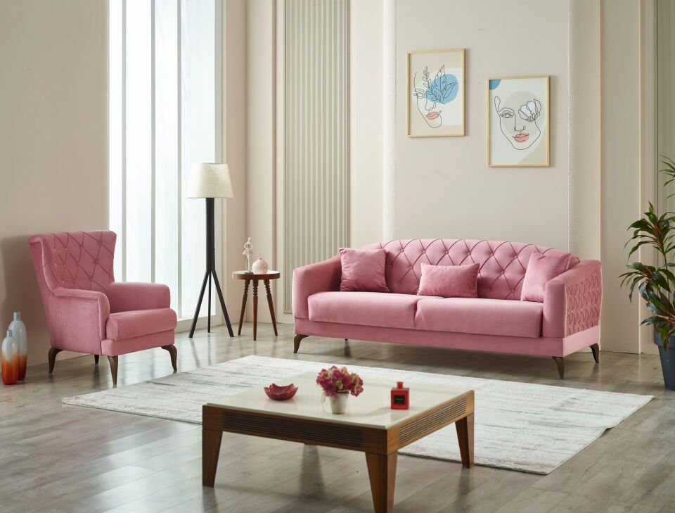 Set yataklı kanepe ve berjerler Candy 3+1+1, pembe