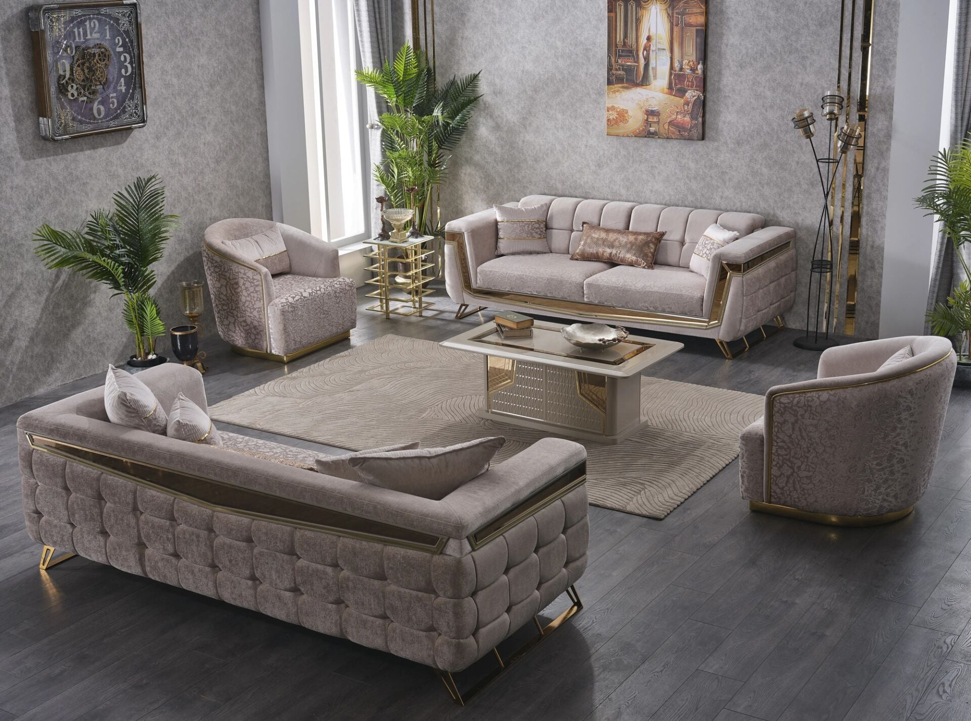 Set Lüks Milano 3+1+1 Sabit Kanepe ve Sabit Berjerler, Gold