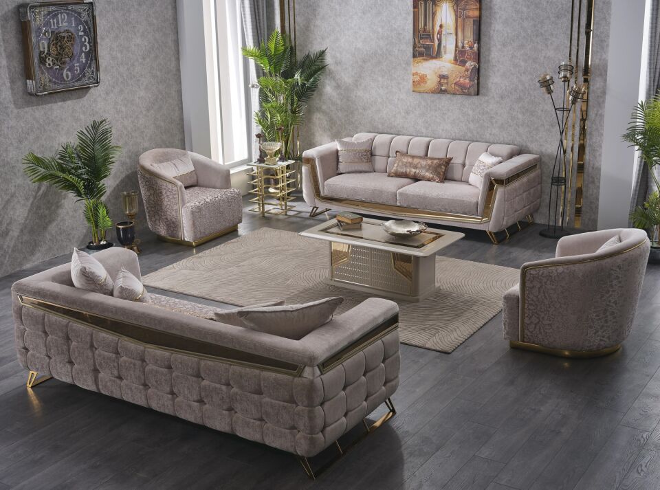 Set Lüks Milano 3+1+1 Sabit Kanepe ve Sabit Berjerler, Gold