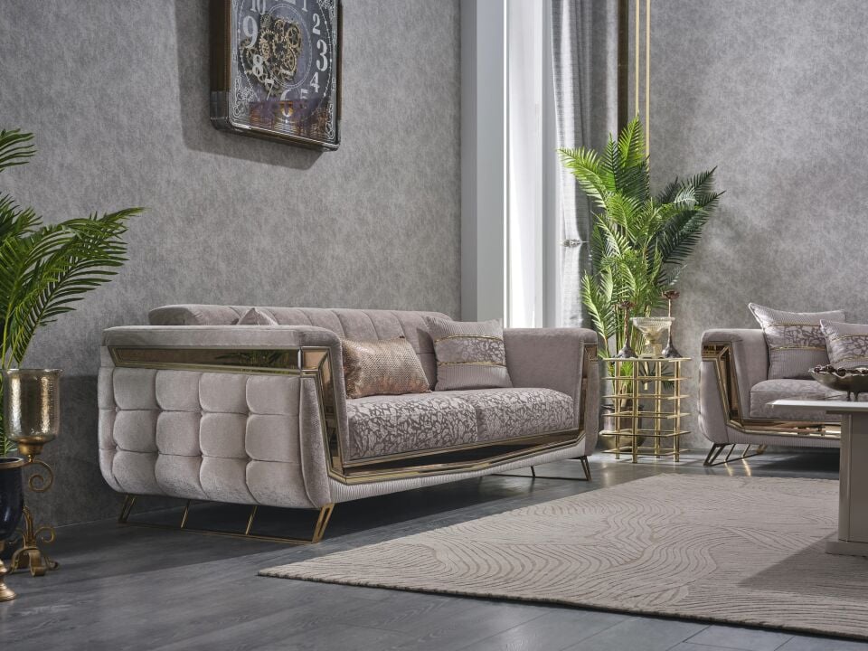 Set Lüks Milano 3+1+1 Sabit Kanepe ve Sabit Berjerler, Gold