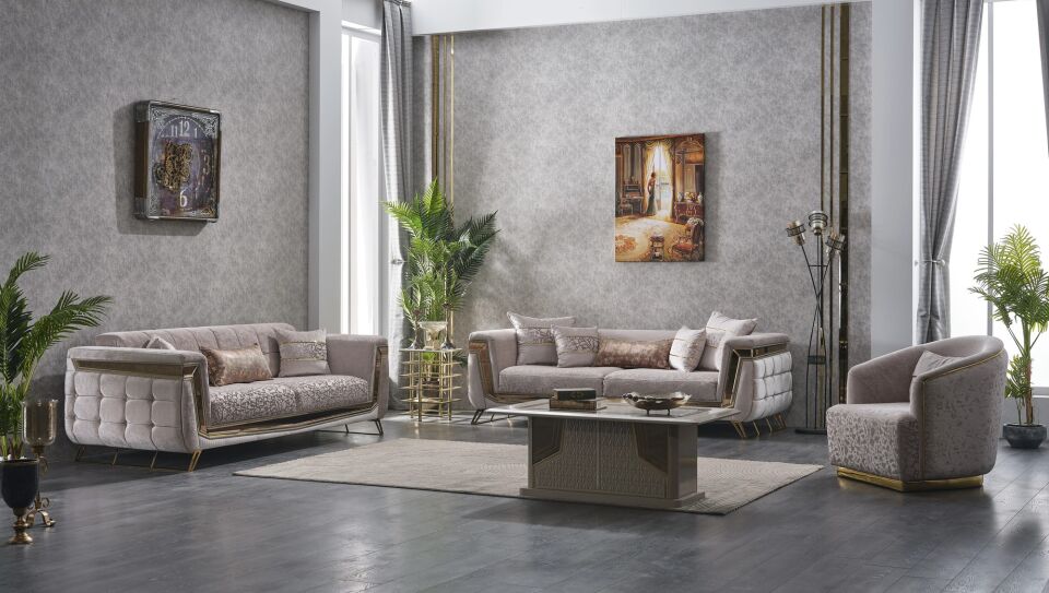 Set Lüks Milano 3+1+1 Sabit Kanepe ve Sabit Berjerler, Gold