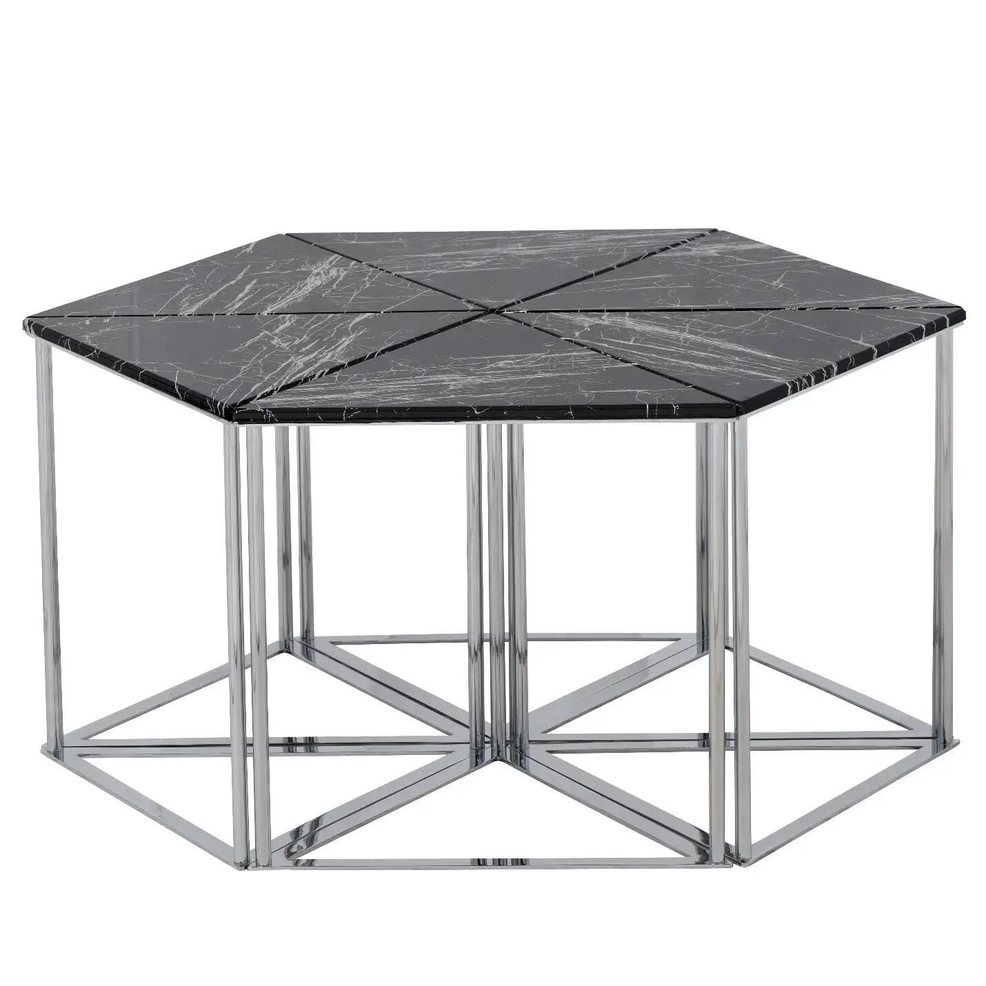 Set Orta Sehpa Altıgen Neo 6 Parçalı Lüks Beyaz MDF - Gümüş