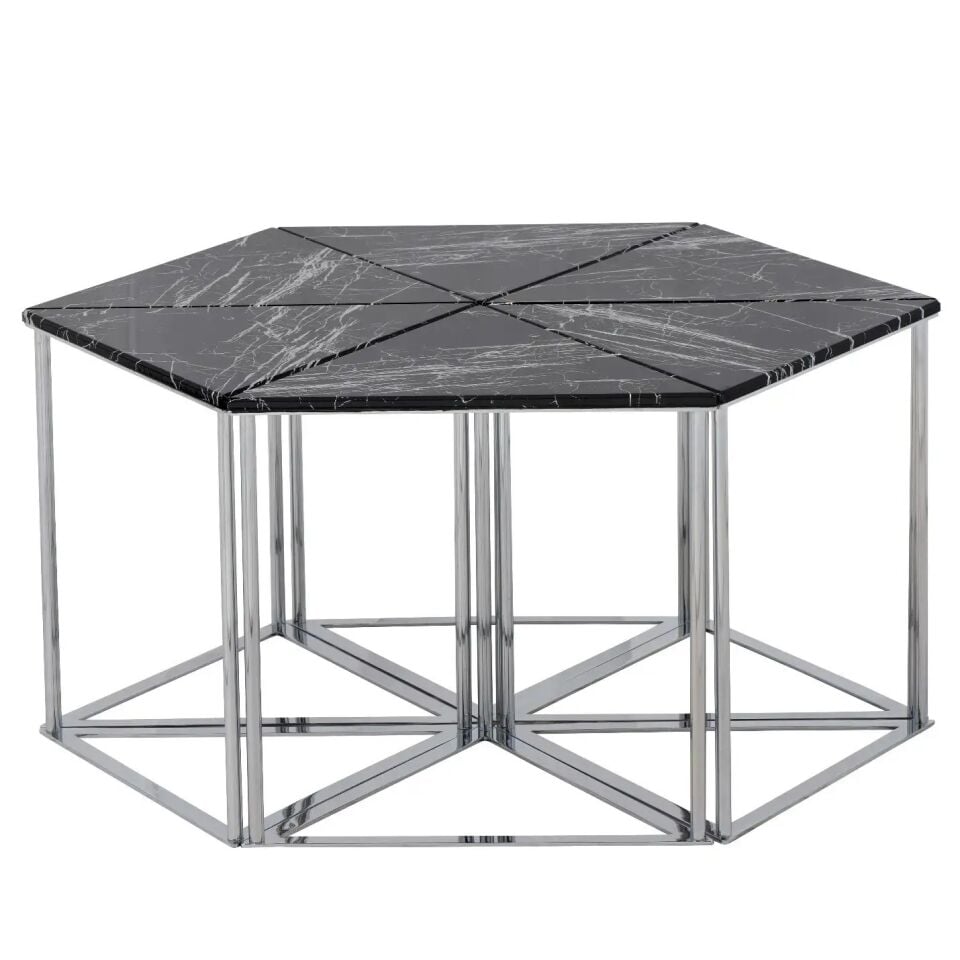 Set Orta Sehpa Altıgen Neo 6 Parçalı Lüks Beyaz MDF - Gümüş