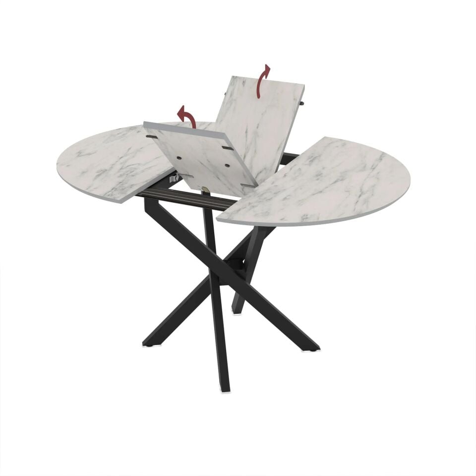 Beyaz Mermer Görünümlü Yuvarlak Uzatılabilir Mutfak/Oturma Odası Masası 95x95 cm, Ultra