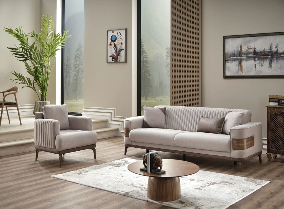 Set yataklı kanepe ve modern berjerler New Wood 3+1+1