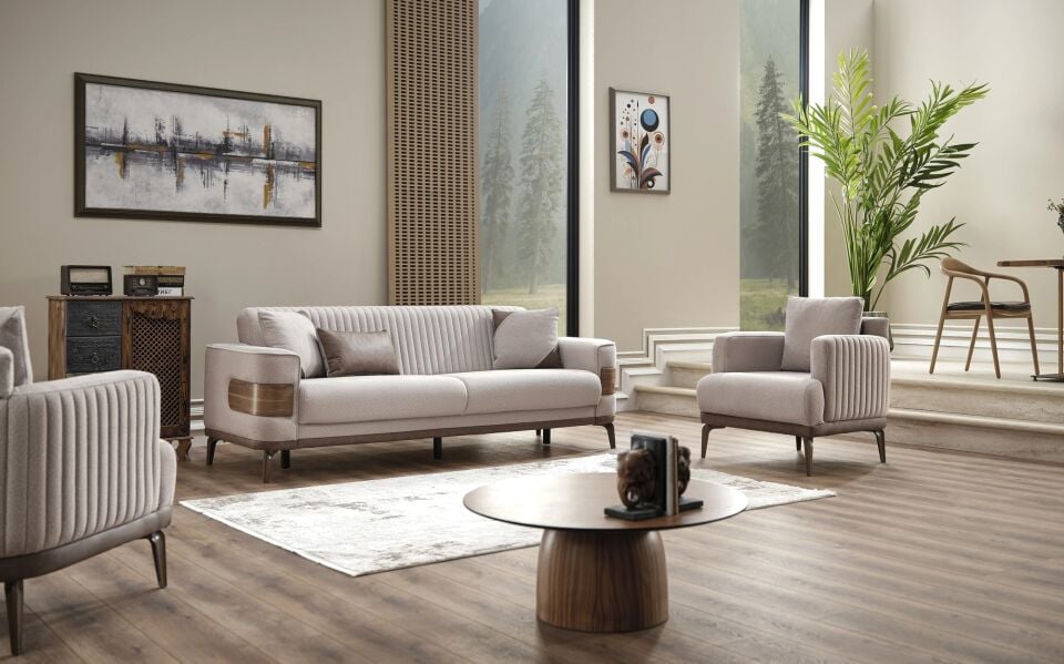 Set yataklı kanepe ve modern berjerler New Wood 3+1+1