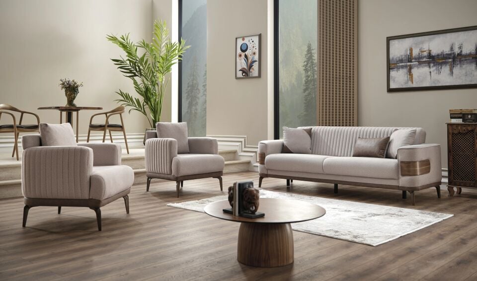 Set yataklı kanepe ve modern berjerler New Wood 3+1+1