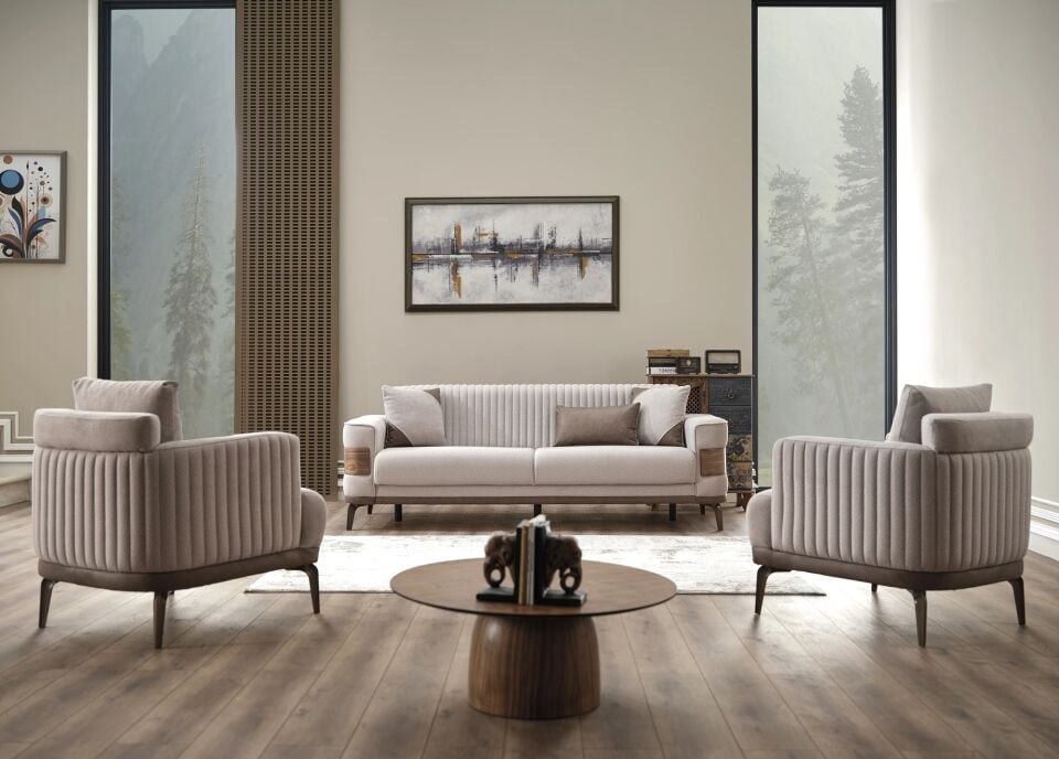 Set yataklı kanepe ve modern berjerler New Wood 3+1+1