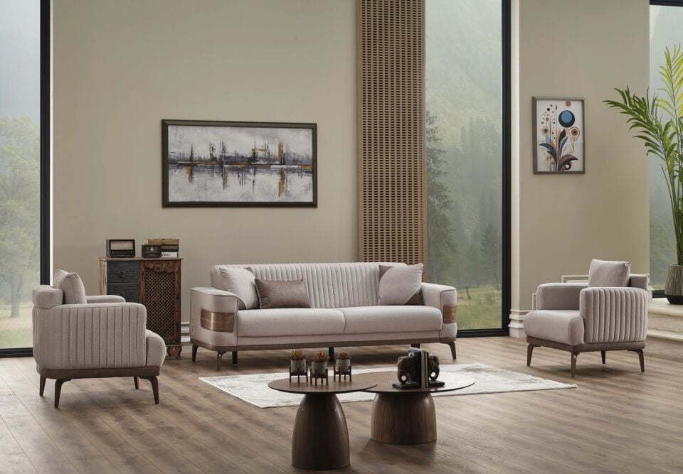 Set yataklı kanepe ve modern berjerler New Wood 3+1+1